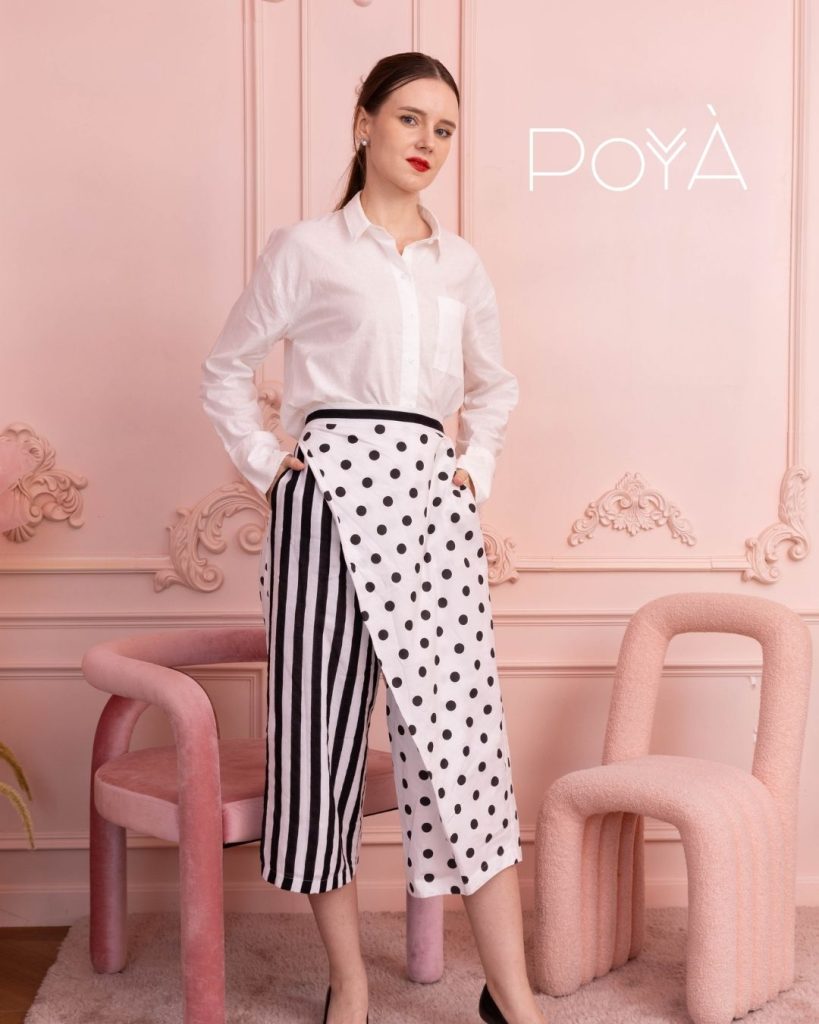 POYA white shirt with polka dot and stripe wrap trousers