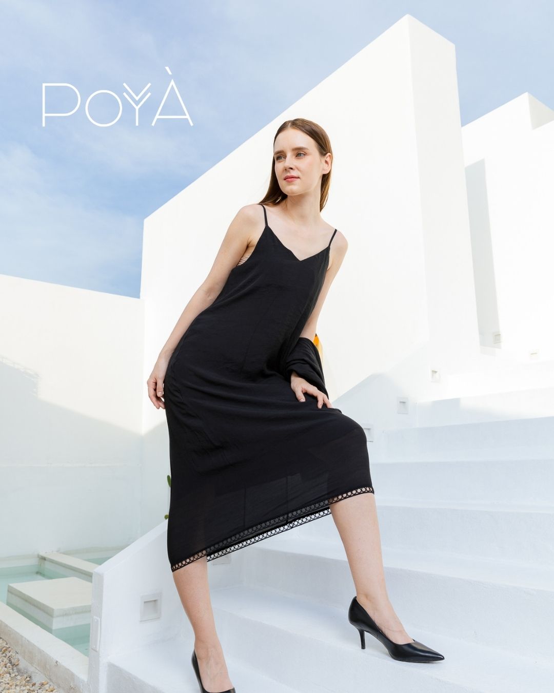 POYA black slip dress editorial, Santorini steps