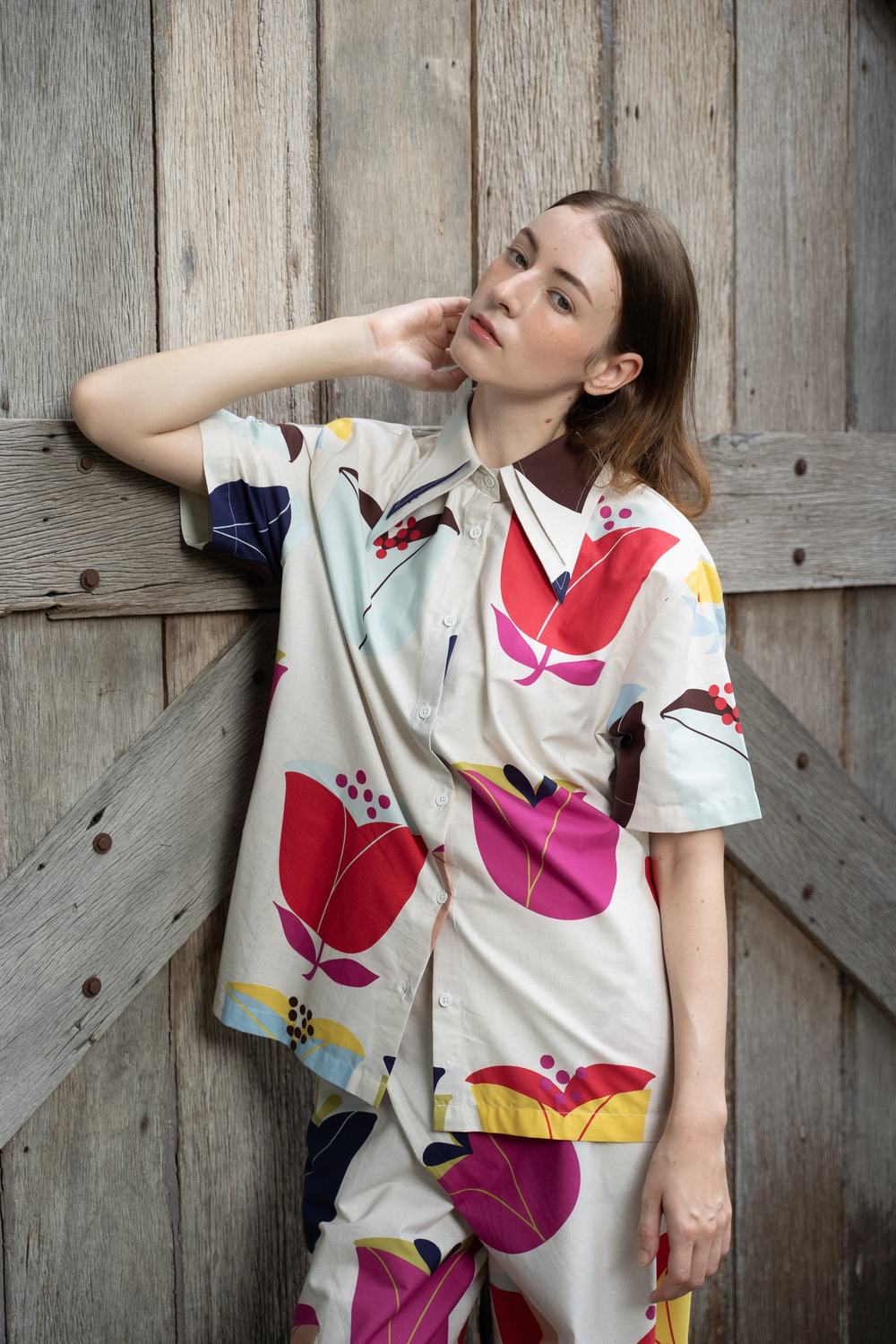 POYA Bright Bloom bold tulip print cotton shirt and pants set