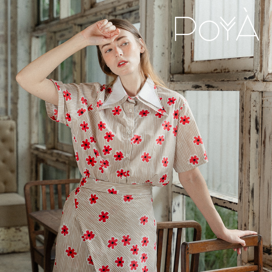 POYA geometric line print white cotton shirt and pants set
