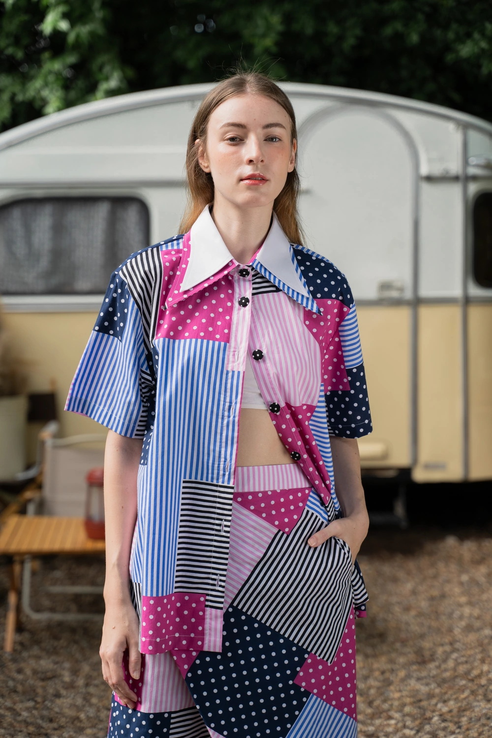 POYA pink and blue patchwork polka and stripe set