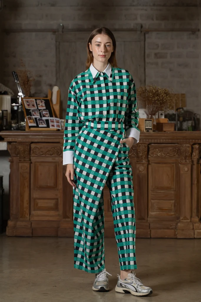 POYA green plaid check shirt and pants set