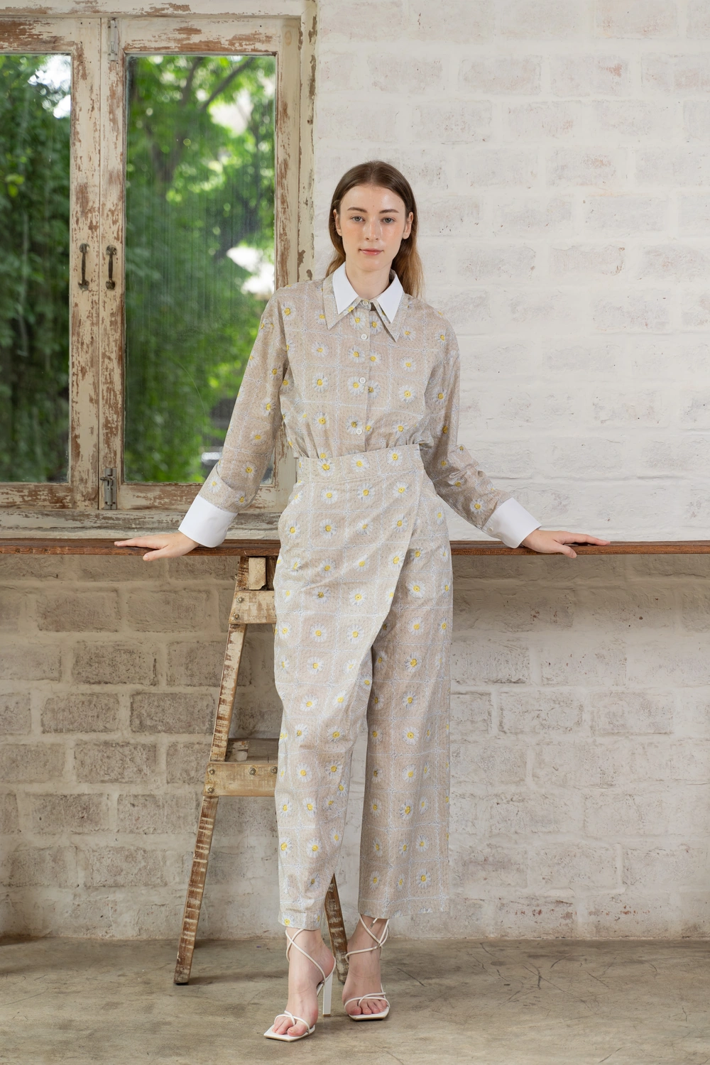 POYA beige daisy print shirt and wrap trouser set