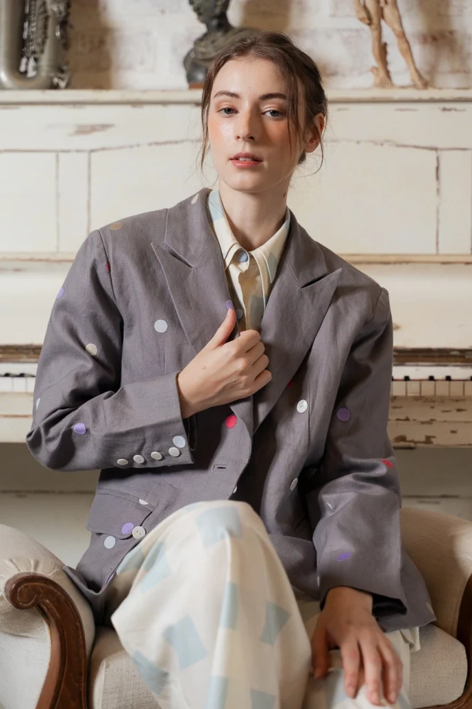 POYA grey polka blazer over check shirt
