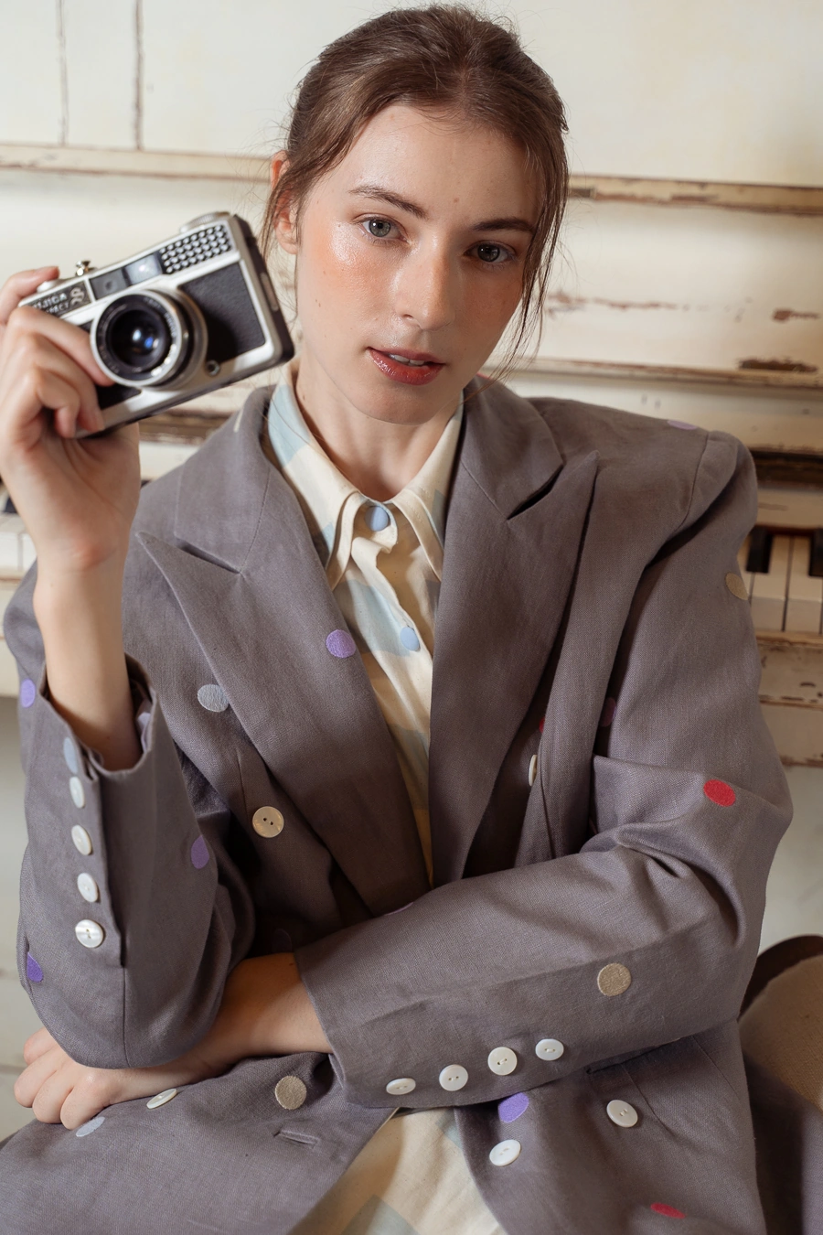 POYA grey embroidered dot blazer, boardroom