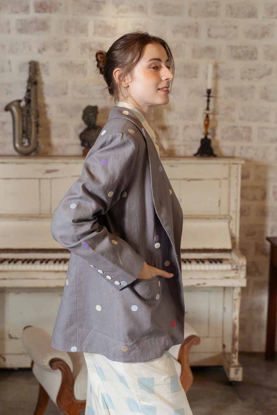 POYA grey embroidered dot blazer
