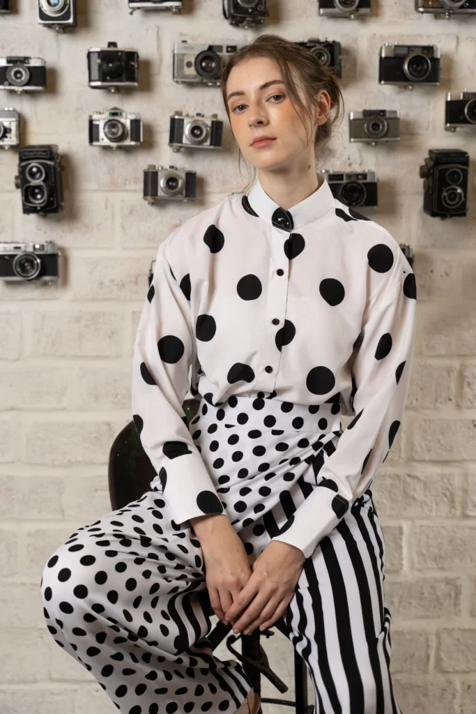 POYA black and white polka blouse and striped trousers