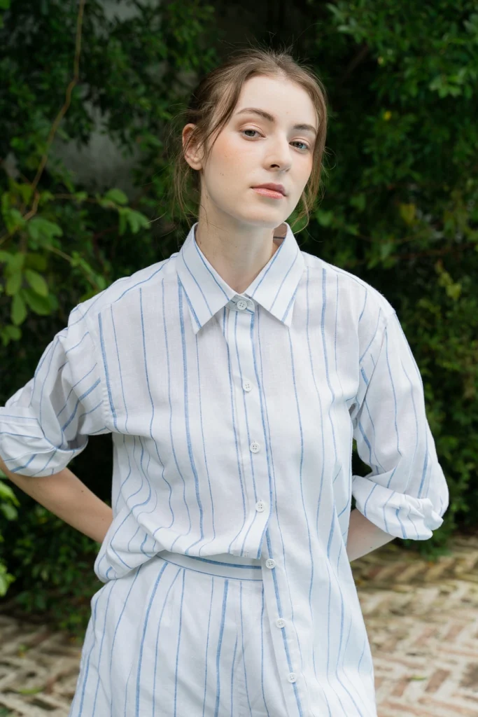 POYA white and blue striped shirt and shorts set
