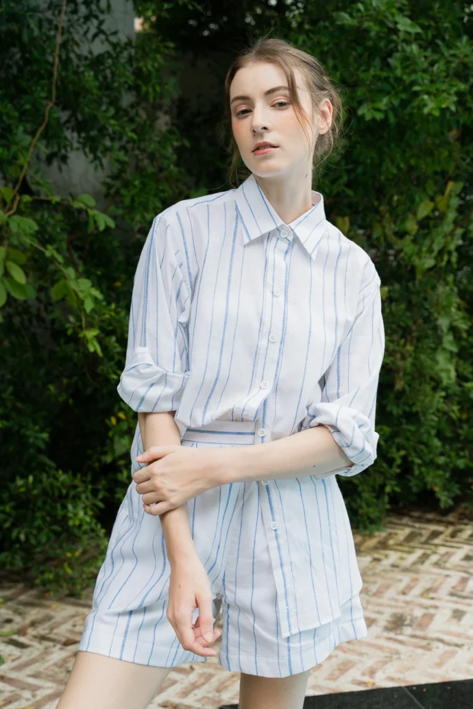 POYA blue pinstripe shirt and shorts set, garden