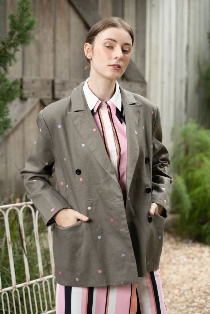 POYA grey polka dot blazer with pink striped shirt