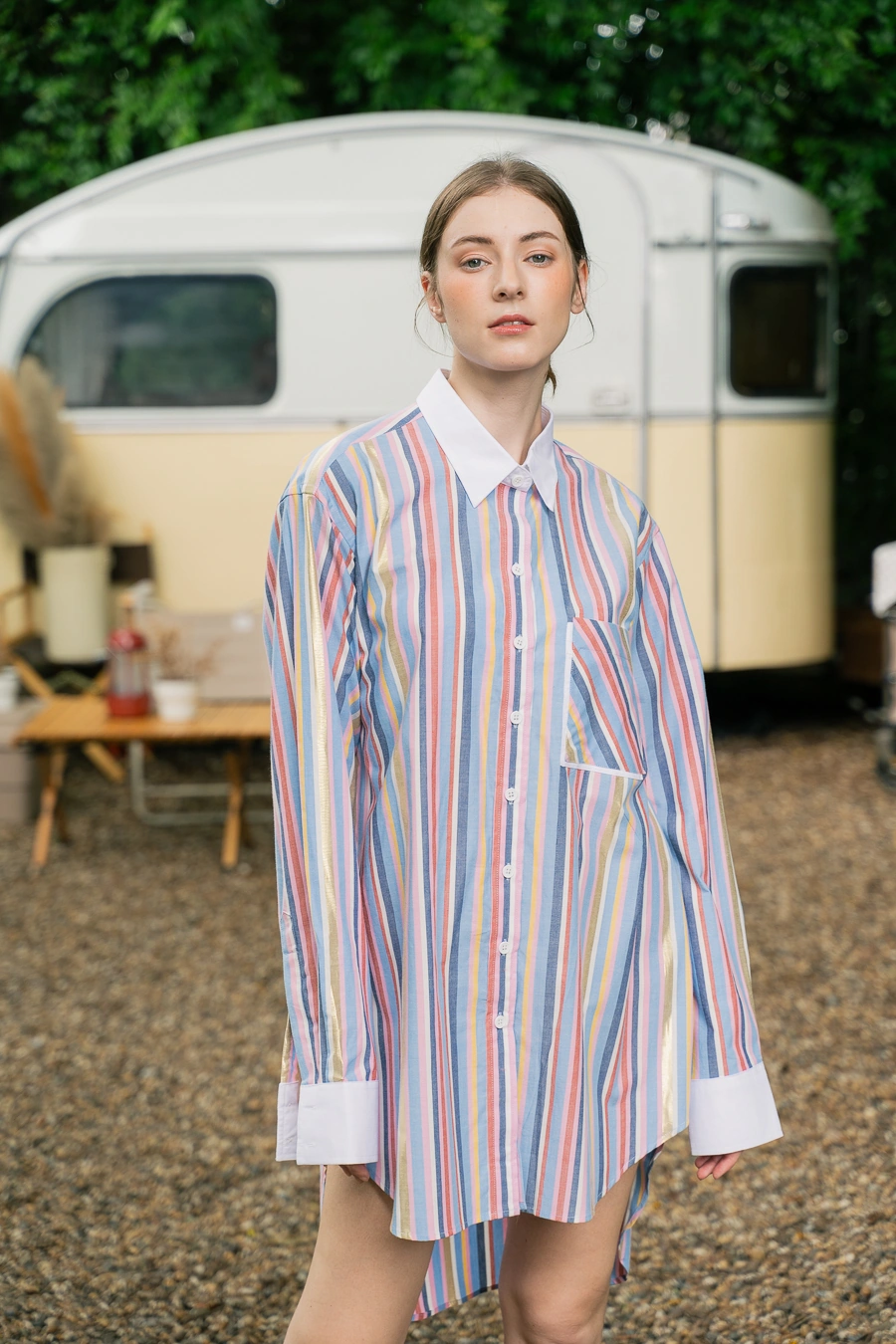 POYA rainbow multi-stripe shirtdress