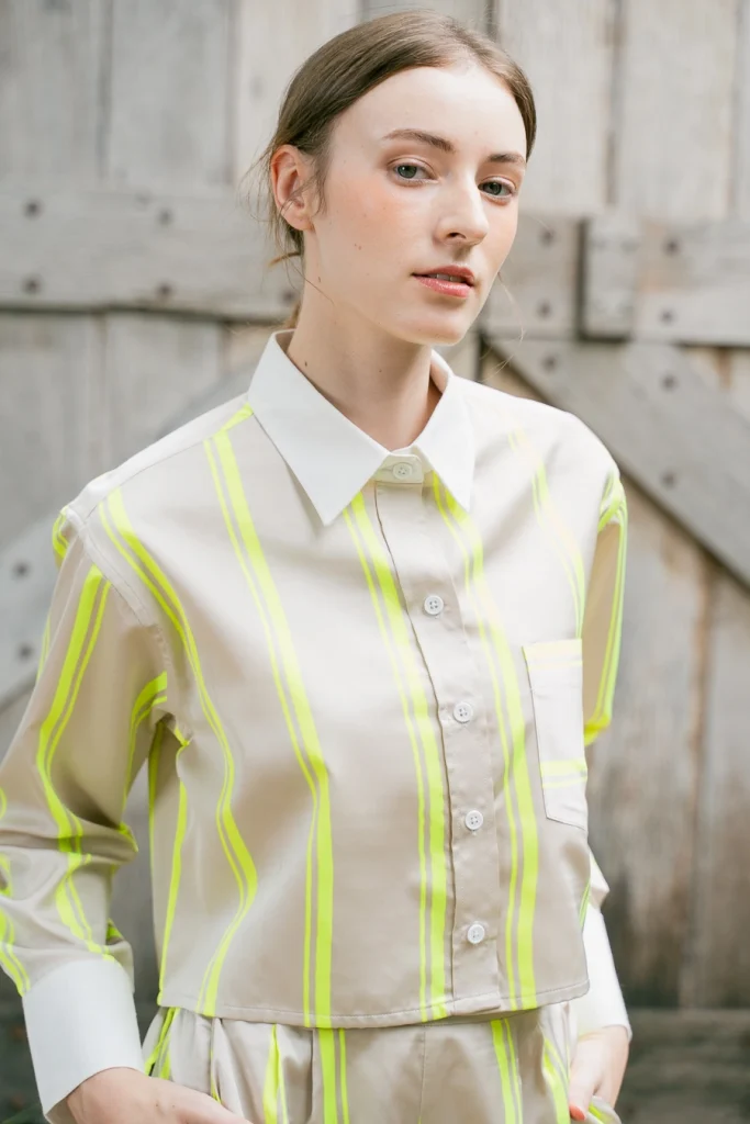 POYA neon pinstripe shirt, close portrait