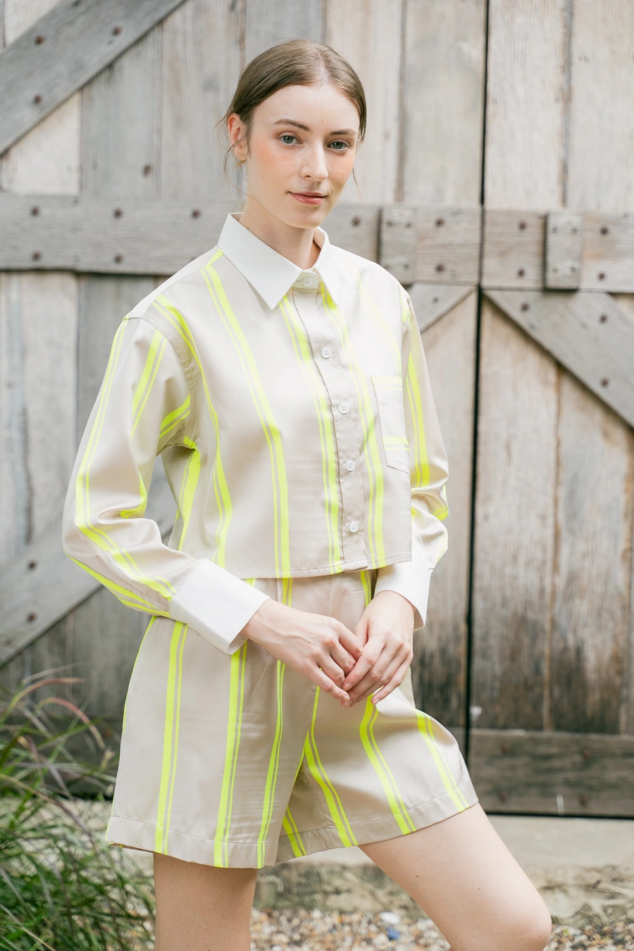 POYA neon lime stripe shirt and shorts set, everyday ease