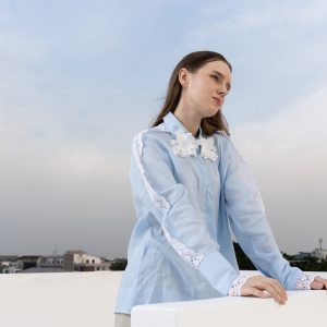 POYA Lace Bloom blouse, sky blue linen with white lace trim and floral appliqué
