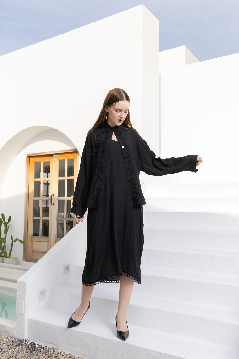 POYA Old Money black layered dress and shirt, rooftop editorial