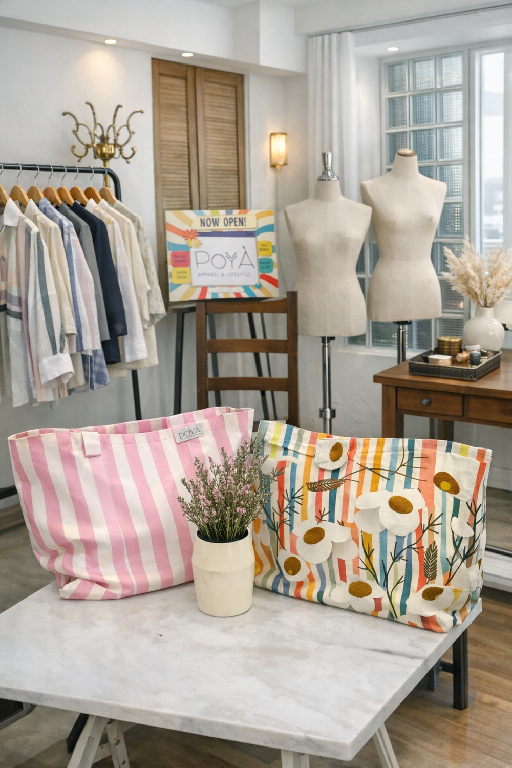 POYA studio interior, hand-finished garments on the rack and signature striped tote bags