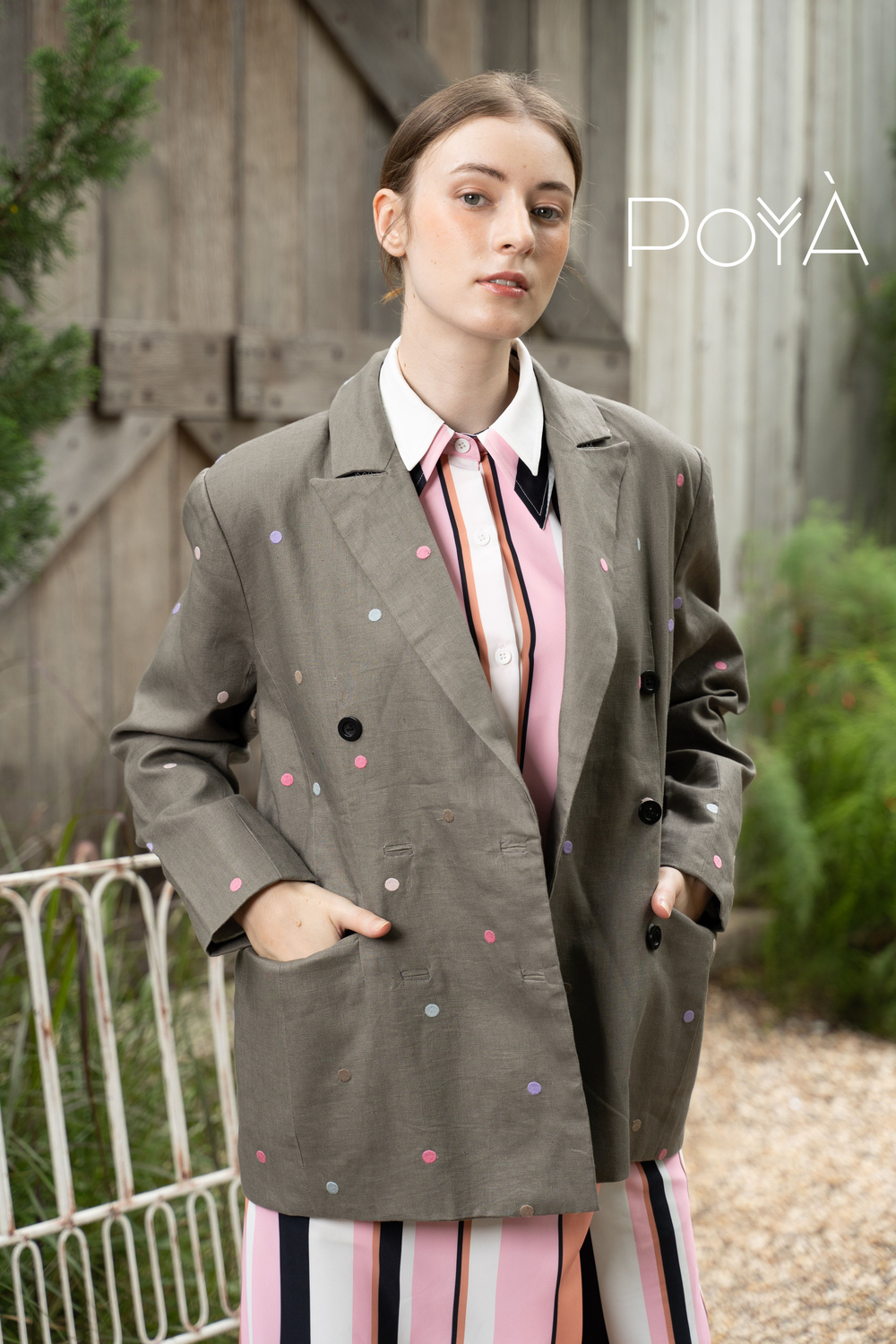 POYA Tailored Blazer full silhouette, olive polka dot double-breasted jacket