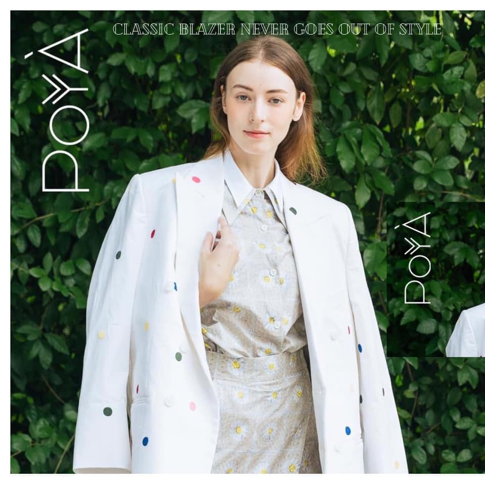 POYA Tailored Blazer, white with colorful polka dot buttons, close detail
