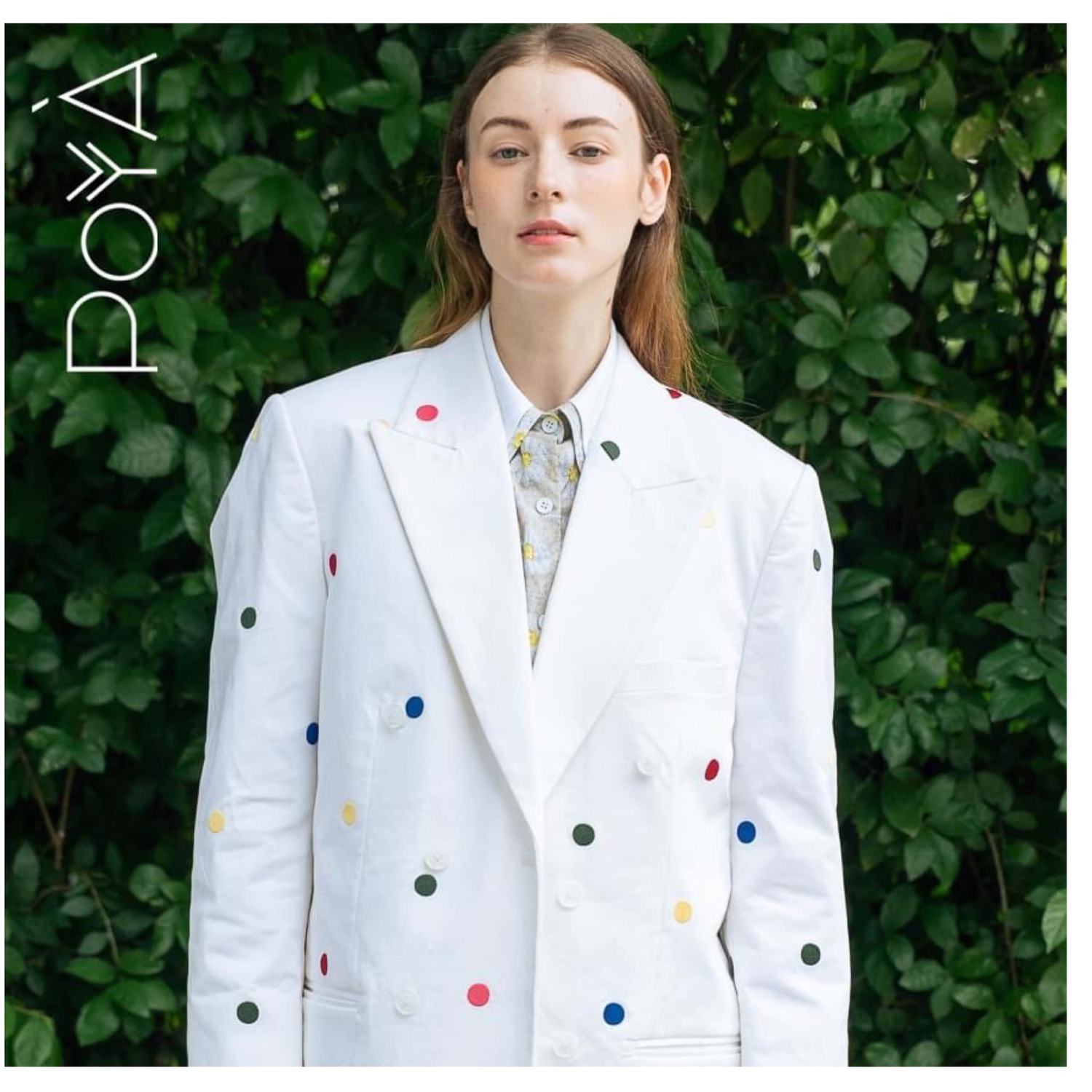 POYA Tailored Blazer, white with colorful polka dot buttons, second style