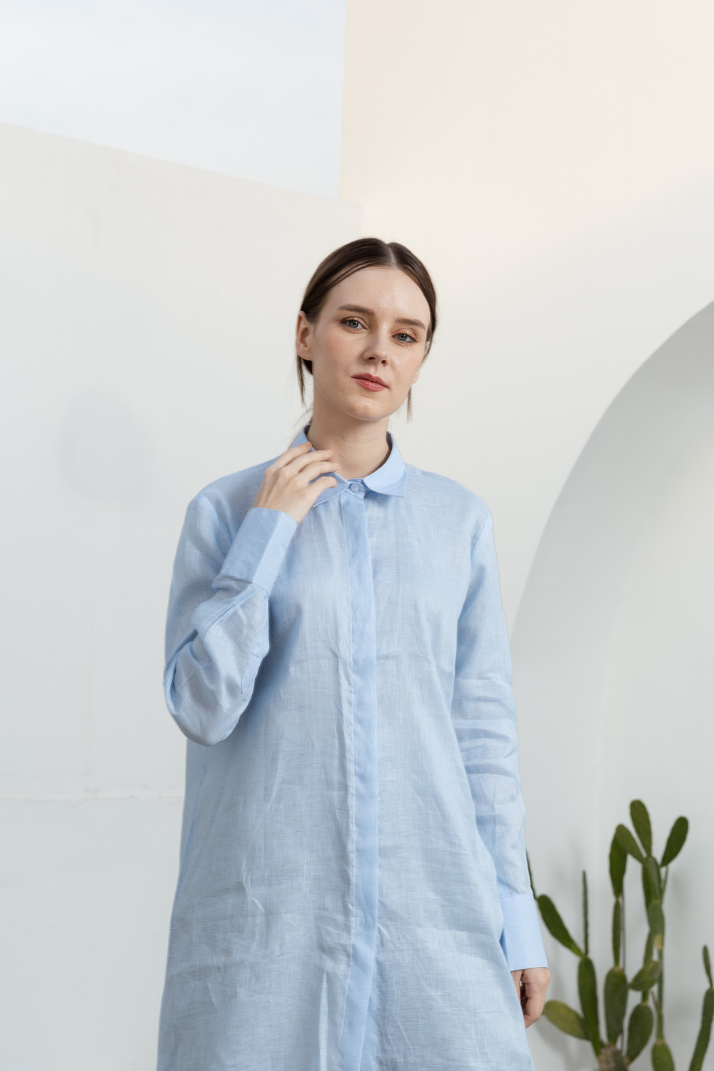 POYA powder blue linen shirt dress, full silhouette for size reference