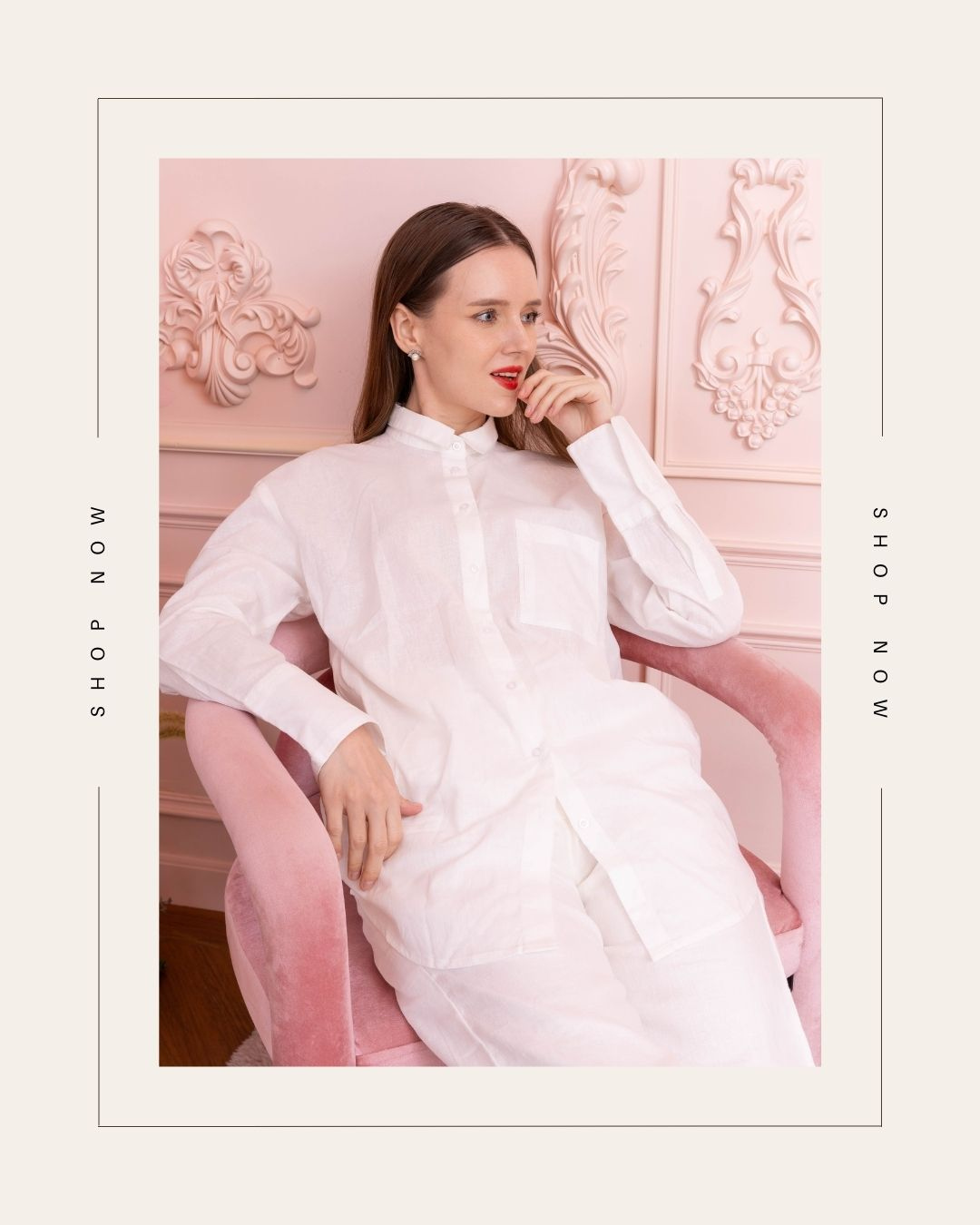 POYA The Parisian Hour collection, elegant white linen shirt in a Parisian salon setting