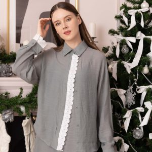POYA Sugary lace-trim shirt and skirt set in grey