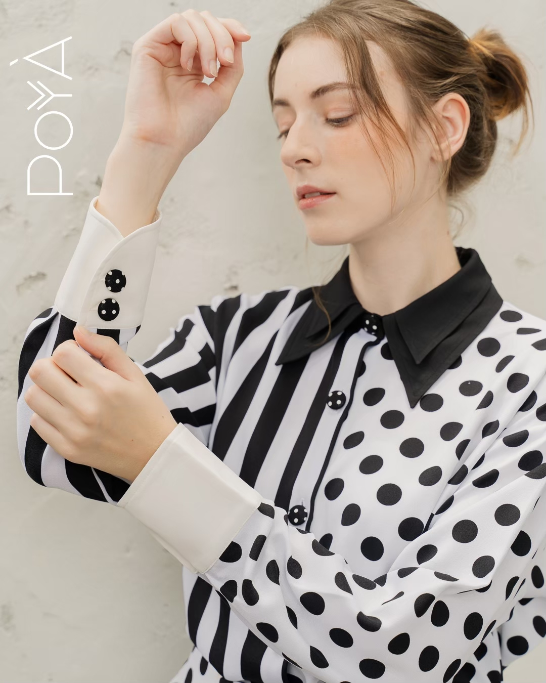 POYA Work & Play Wonders collection, black and white striped and polka dot shirt