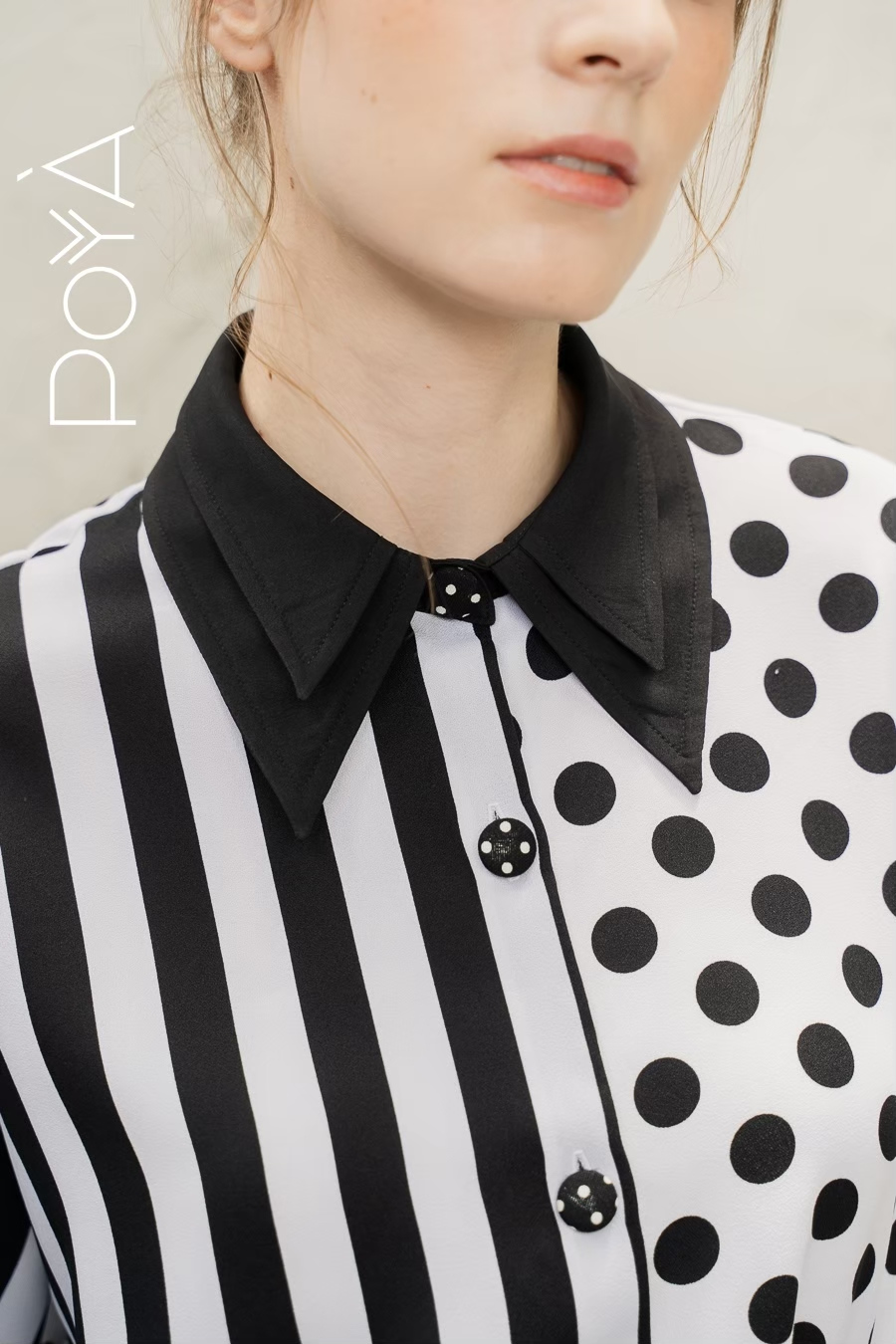 POYA black and white stripe and polka dot mixed print shirt, close detail