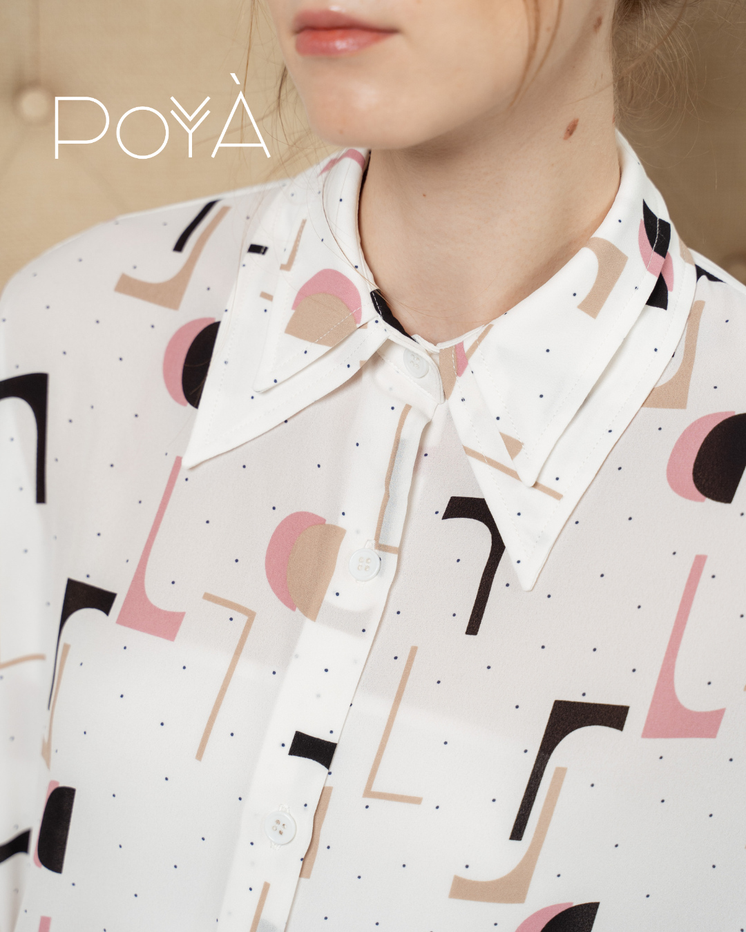 POYA Work & Play abstract geometric art-deco print shirt, lookbook editorial