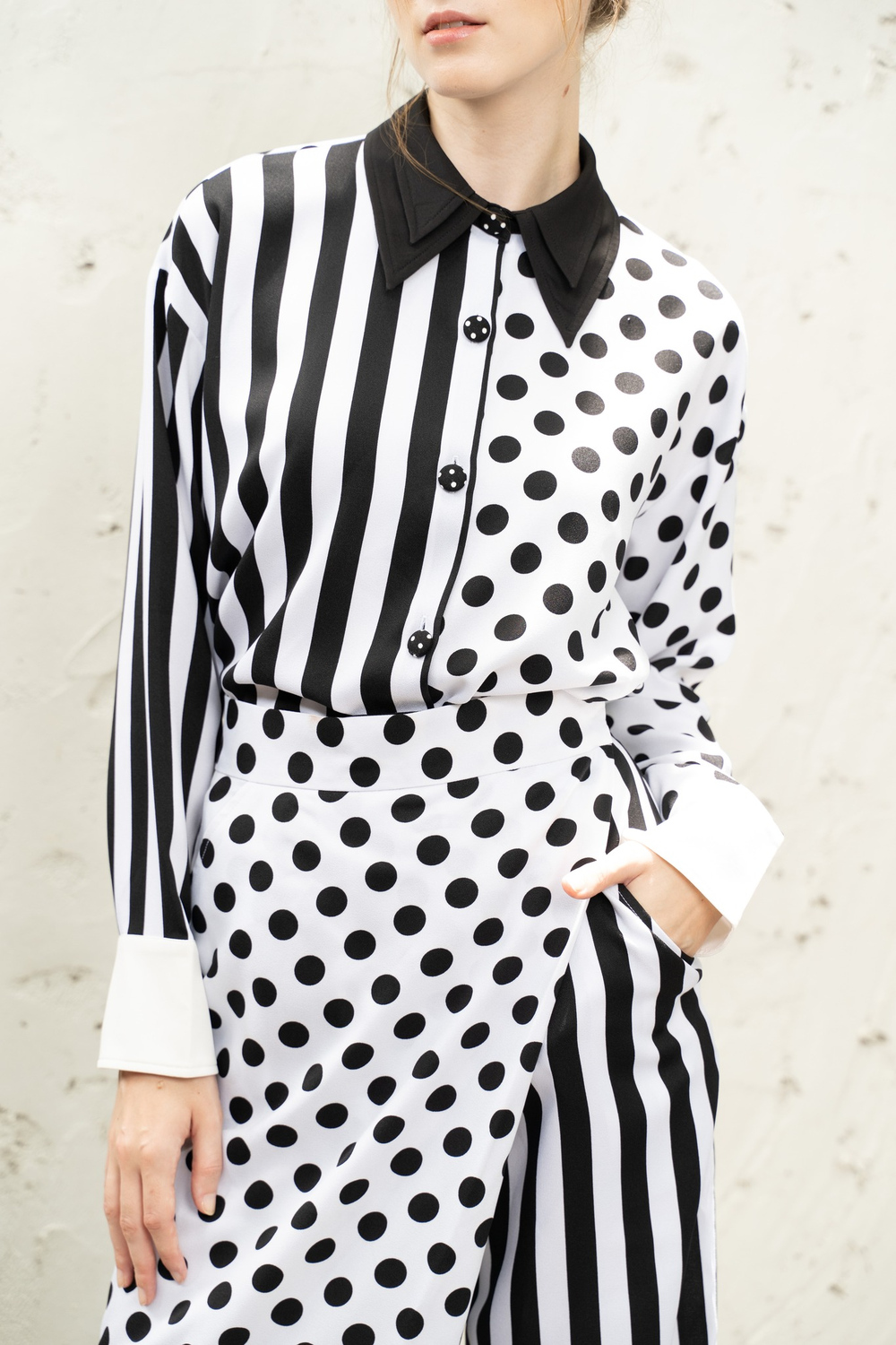 POYA Work & Play stripe and polka dot mixed print two-piece set, lookbook editorial