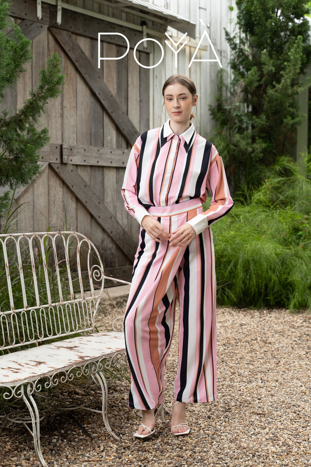 POYA Work & Wonders pink multi-stripe two-piece set, lookbook editorial