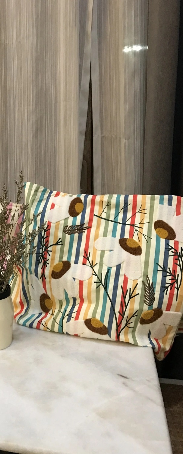 POYA rainbow stripe daisy embroidered tote bag